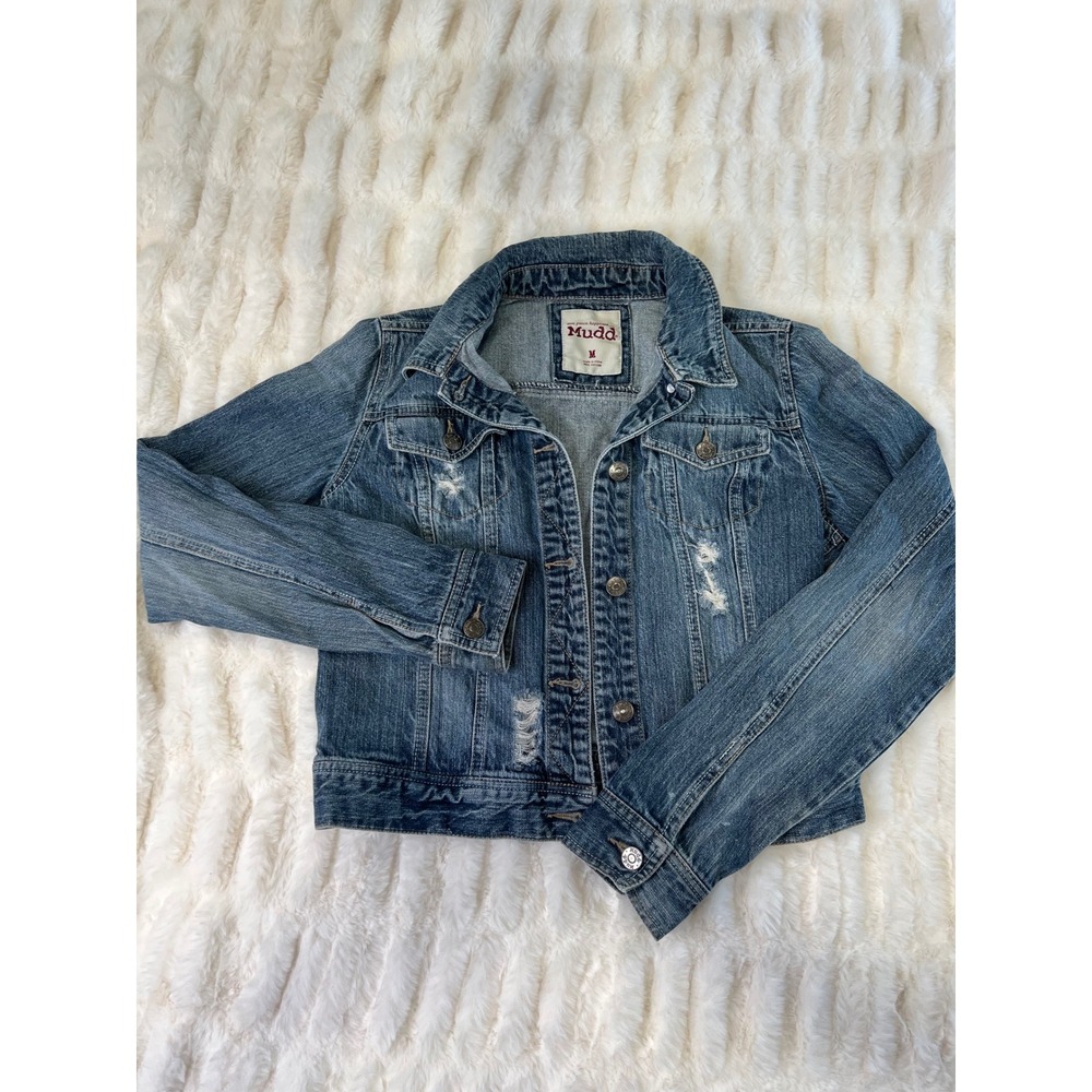 Mudd Distressed Denim Jacket Medium Wash Cotton Button Up Size M